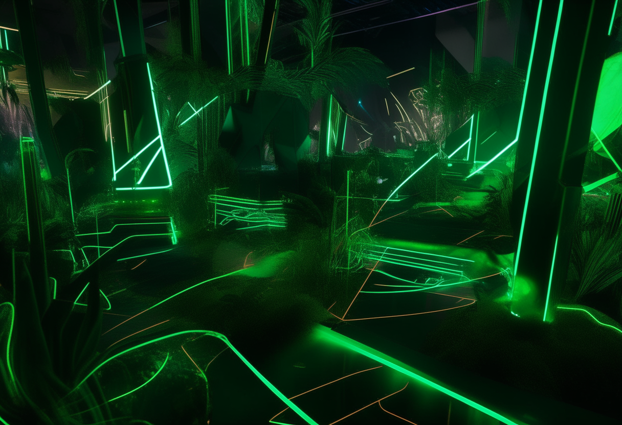 Variation 1 of the cyber-jungle rave scene, with additional neon green lasers crisscrossing the jungle from all directions