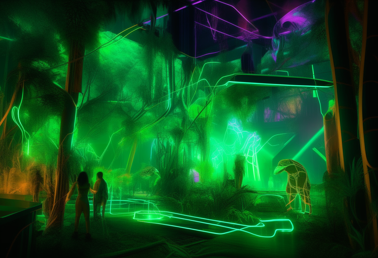 Variation 2 of the cyber-jungle rave scene, with neon green lasers pulsing throughout the trees and projecting wild animal holograms