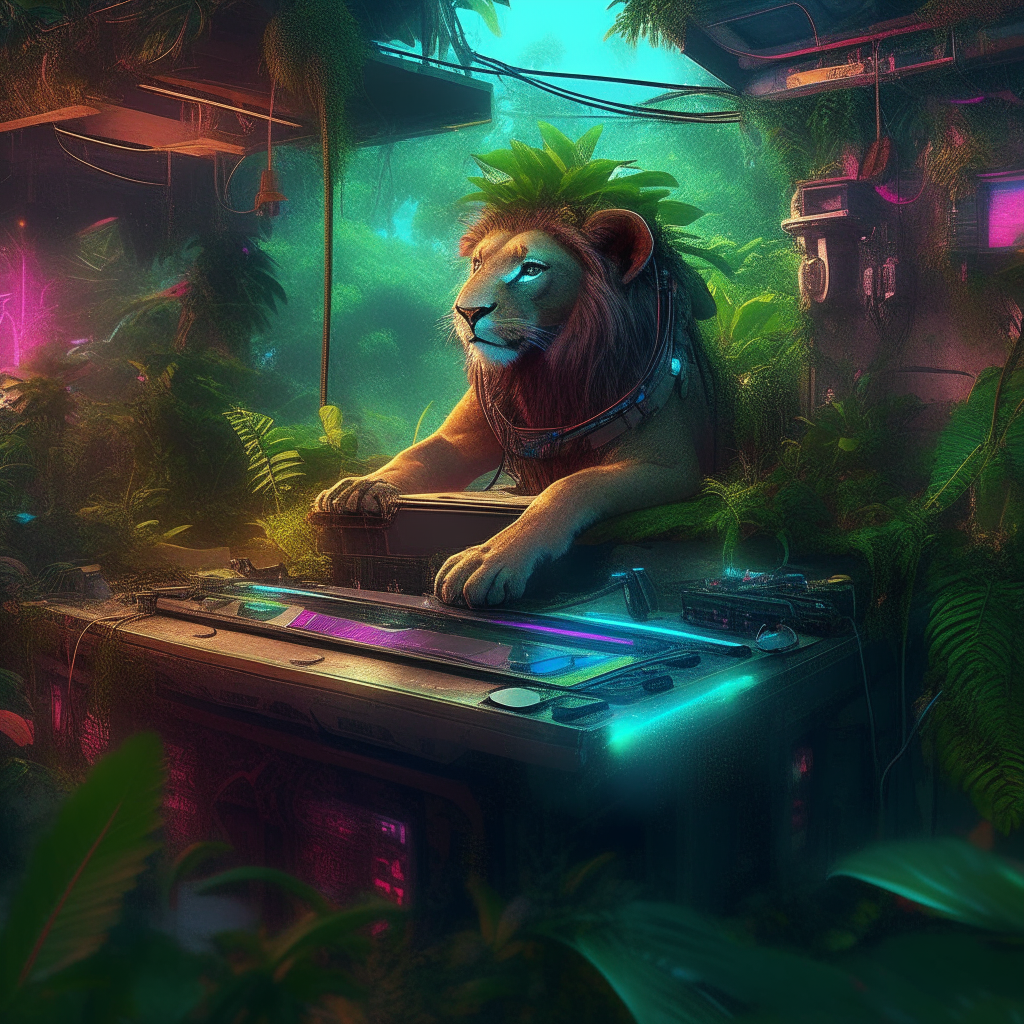 In the heart of a lush, dense jungle adorned with vibrant neon vegetation, a unique scene unfolds. A lion DJ, perched atop a platform, commands a set of turntables and towering speakers amidst the vibrant foliage. This unlikely DJ wears cyberpunk-inspired attire, fusing technology with nature, and dons futuristic shades that conceal their eyes. The turntables and speakers are integrated seamlessly into the jungle environment, pulsating with cyber-enhanced energy. As the rhythmic beats reverberate through the jungle, holographic projections of wild creatures intermingle with neon lights, creating a surreal fusion of nature and technology. The lion DJ, with a fierce yet composed presence, orchestrates this cyber-jungle rave with a mesmerizing mix, commanding both the untamed jungle and the digital realm.