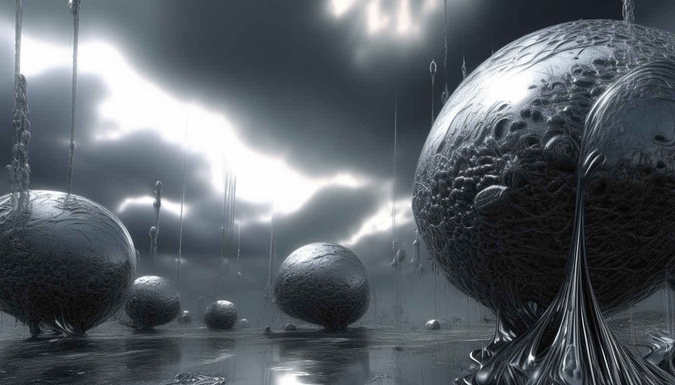 an alien landscape made from molten liquid silver chrome spheres and tubes squirming together stretching into the distance, with a stormy sky above, super intricate details, dark sci-fi fantasy style