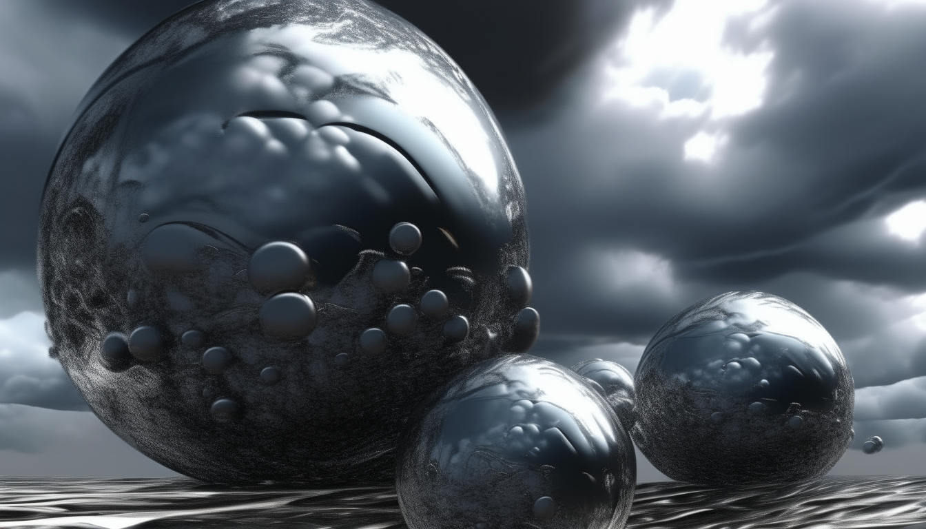 liquid silver chrome spheres spiraling upwards from the ground towards a stormy sky, super intricate details, 16:9 aspect ratio, 4k resolution, dark sci-fi fantasy style