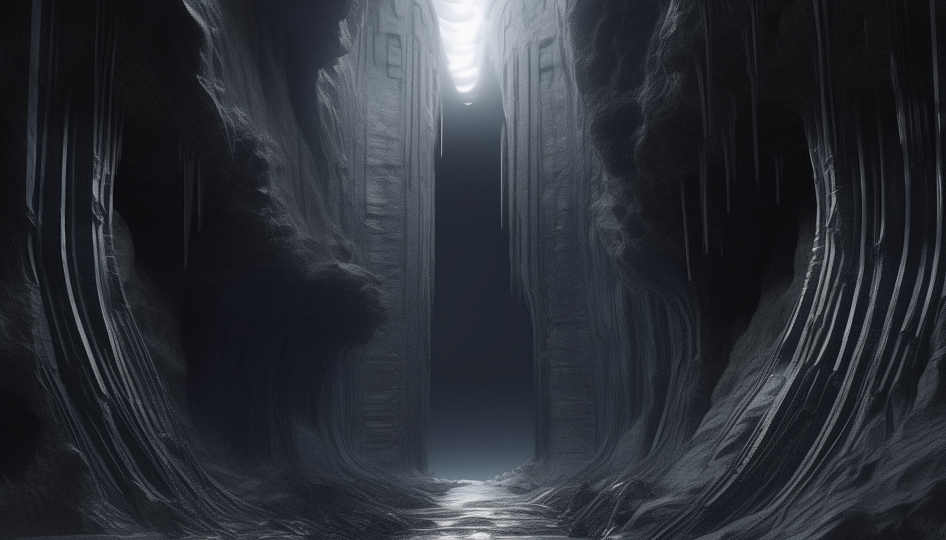 a huge chasm made from molecular liquid silver chrome walls stretching for eternity into the dark space beyond, seemingly rising for thousands of miles above and below, super intricate details, 16:9 aspect ratio, 4k resolution, dark sci-fi fantasy style