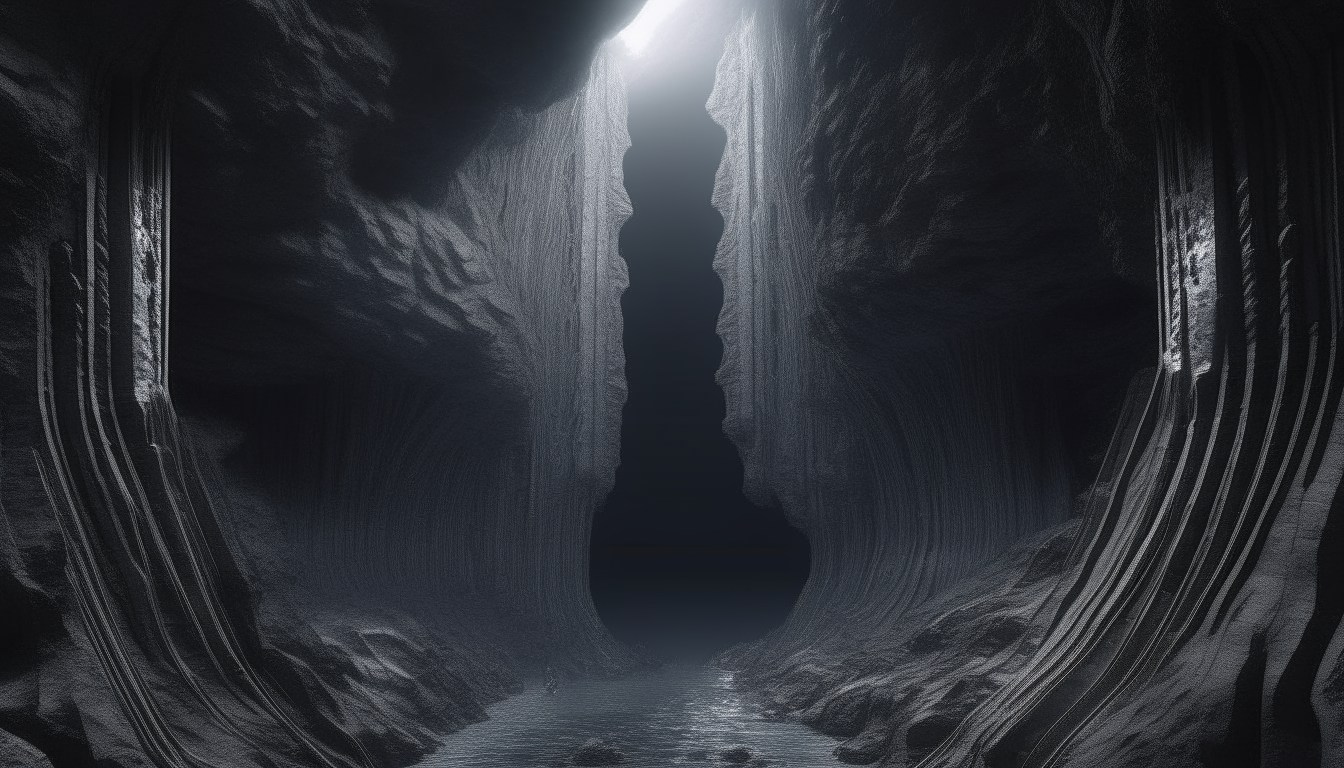 a huge chasm made from molecular liquid silver chrome walls with super intricate details stretching for eternity into the dark space beyond, seemingly rising for thousands of miles above and below, 16:9 aspect ratio, 4k resolution, dark sci-fi fantasy style