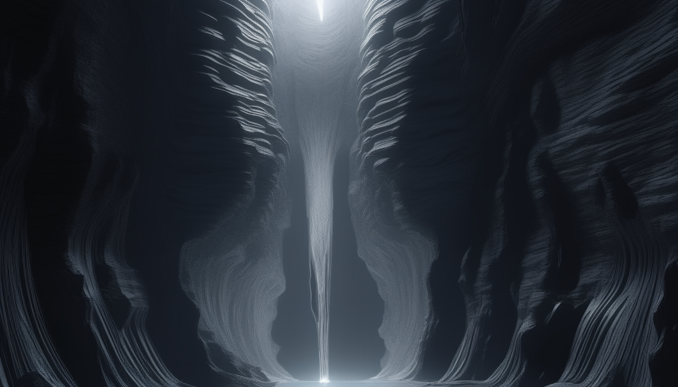 a huge chasm made from molecular liquid silver chrome walls with super intricate details stretching for eternity into the dark space beyond, with the face of a giant alien god appearing from the back, 16:9 aspect ratio, 4k resolution, dark sci-fi fantasy style