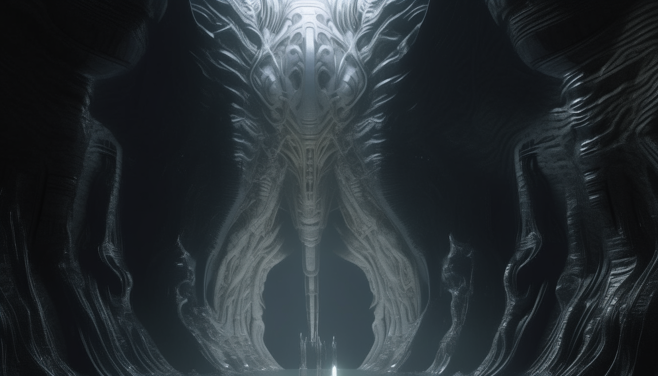 a huge chasm made from molecular liquid silver chrome walls with super intricate details stretching for eternity into the dark space beyond, with a prominent face of a giant alien god appearing from the back, 16:9 aspect ratio, 4k resolution, dark sci-fi fantasy style