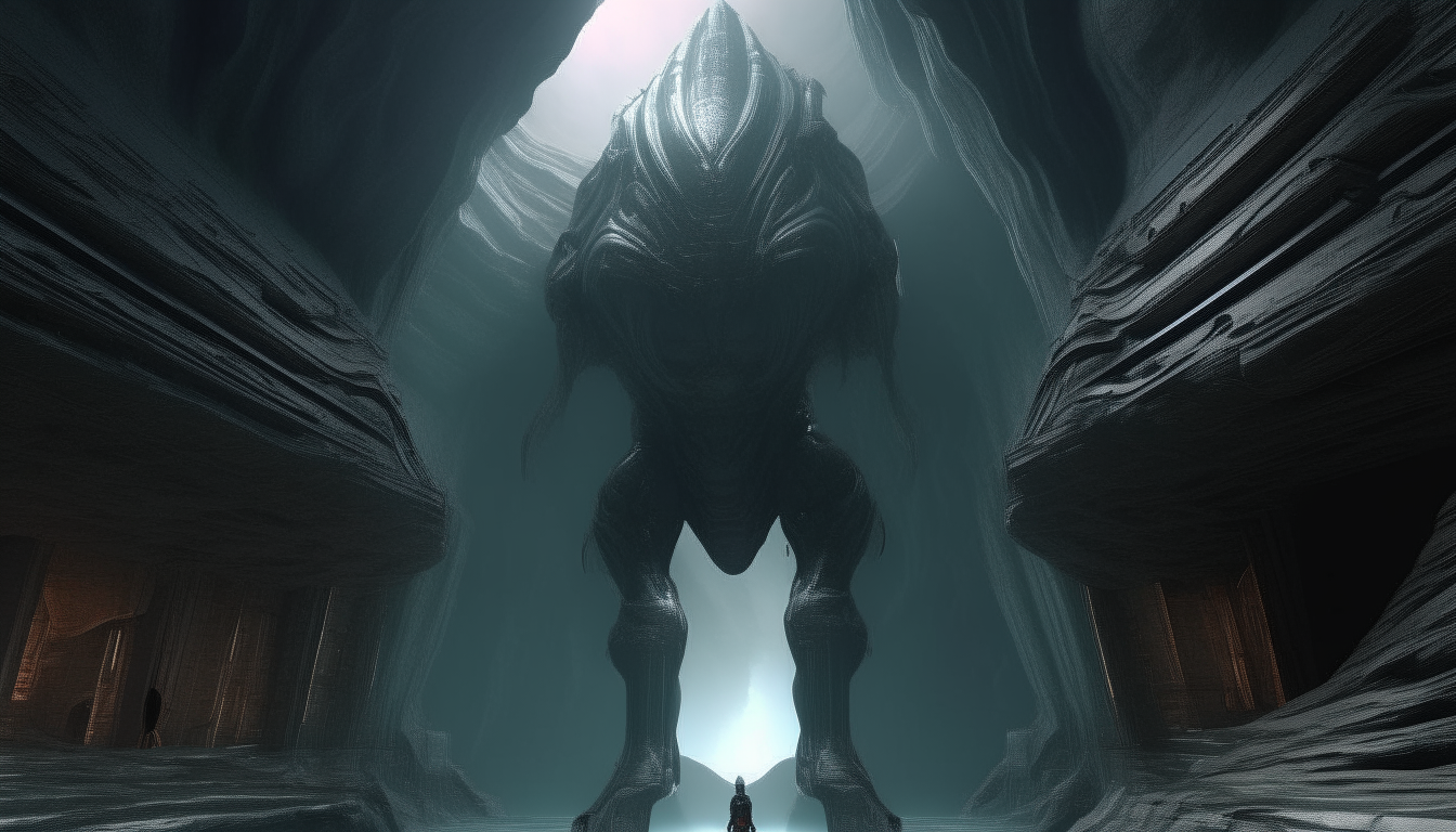 within the eternal chasm with liquid silver chrome running over the face of the giant alien god, with the chasm walls stretching for miles into the distance, 16:9 aspect ratio, 4k resolution, super intricate details, dark sci-fi fantasy style