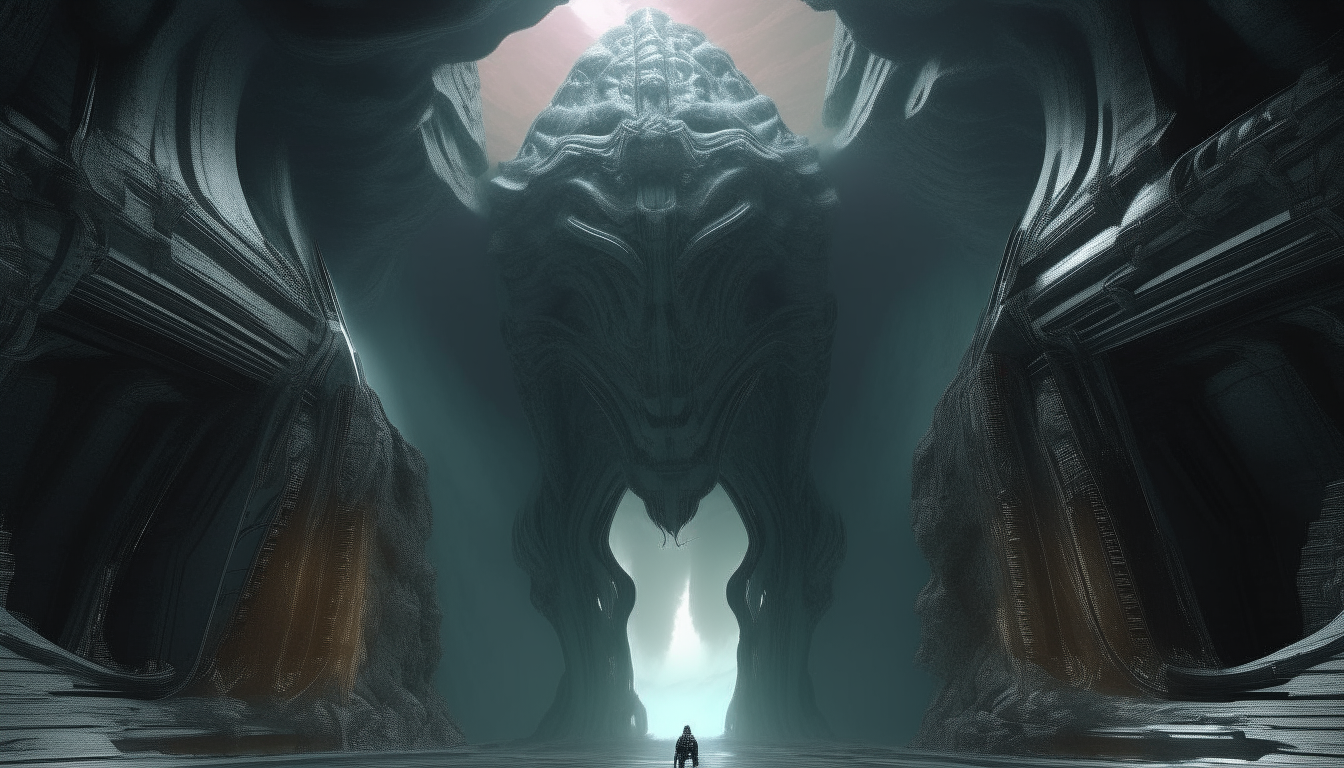 within the eternal chasm with liquid silver chrome running over the face of the giant alien god, with the chasm walls stretching for miles into the infinite distance, super intricate details visible throughout, 16:9 aspect ratio, 4k resolution, dark sci-fi fantasy style