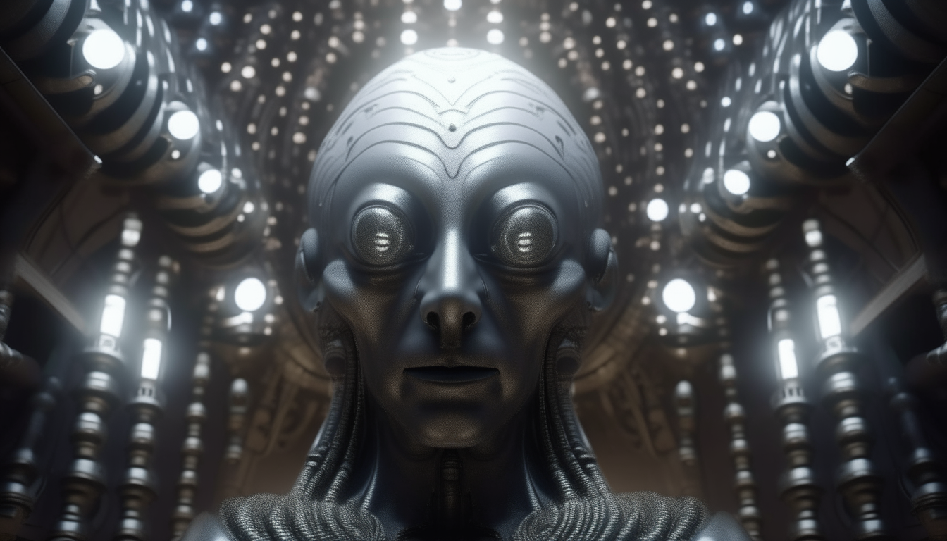 the face of a giant alien god surrounded by floating silver chrome spheres, within an ancient alien chasm temple, 16:9 aspect ratio, 4k resolution, dark sci-fi fantasy style