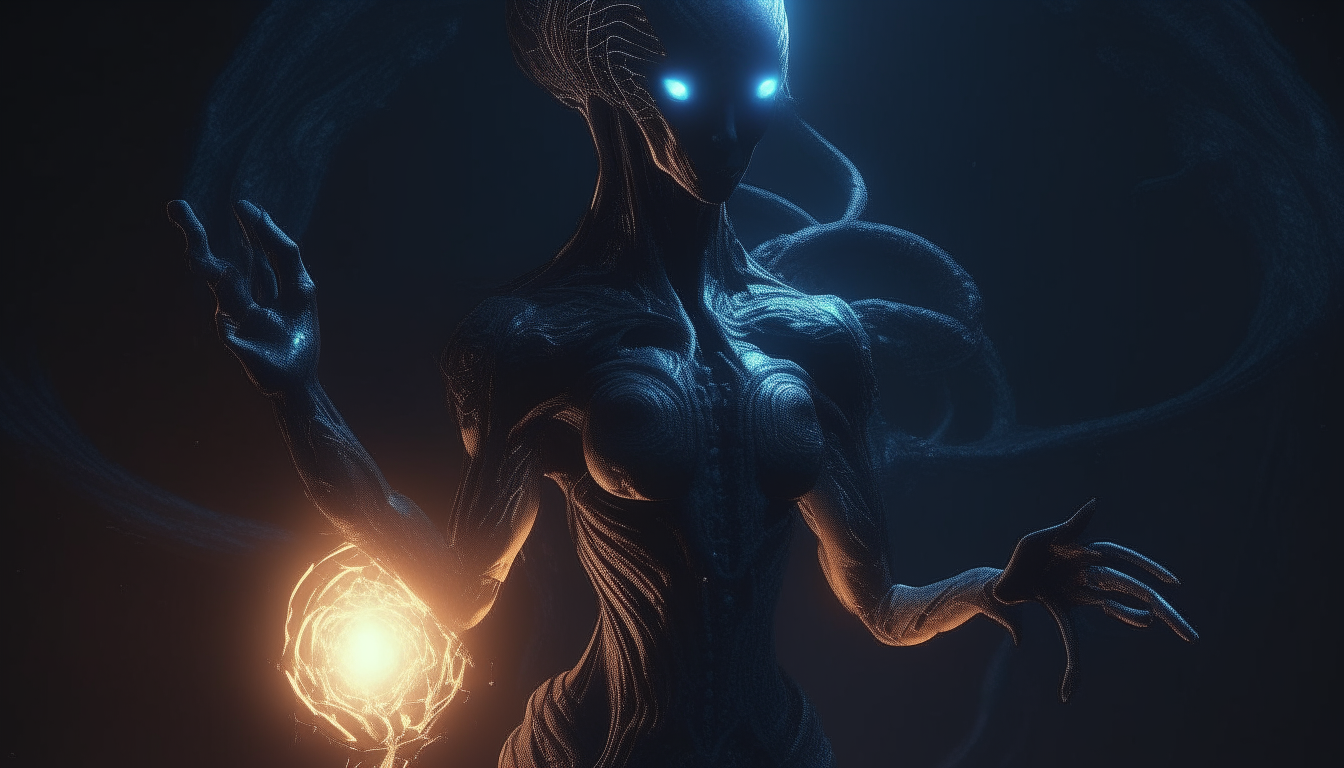 an alien god and goddess with electric plasma tentacles wrapping around each other in the dark chasm of eternity, extremely detailed, cinematic lighting, 16:9 aspect ratio, 4k resolution, dark sci-fi fantasy style