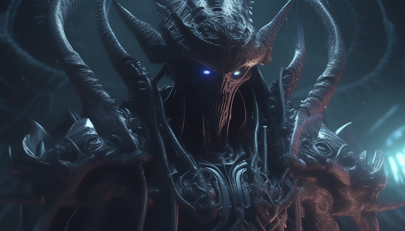 an alien warrior god with a war crown made from electric plasma and biomechanical tentacles with spikes in the dark chasm of eternity, extremely detailed, cinematic lighting, 16:9 aspect ratio, 4k resolution, dark sci-fi fantasy style