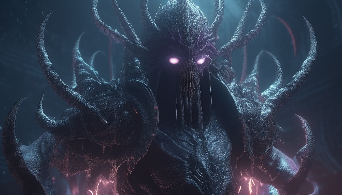 an alien warrior god with a war crown made of swirling electric plasma tentacles and spikes in the dark chasm of eternity, extremely detailed, cinematic lighting, 16:9 aspect ratio, 4k resolution, dark sci-fi fantasy style