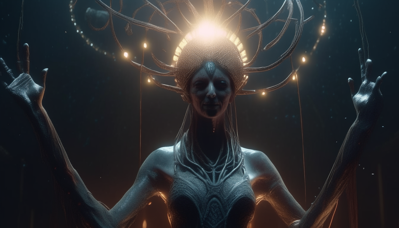 an alien goddess with electric plasma spheres levitating around her and a crown of tentacles dripping spikes, in the dark chasm of eternity, extremely detailed, cinematic lighting, 16:9 aspect ratio, 4k resolution, dark sci-fi fantasy style