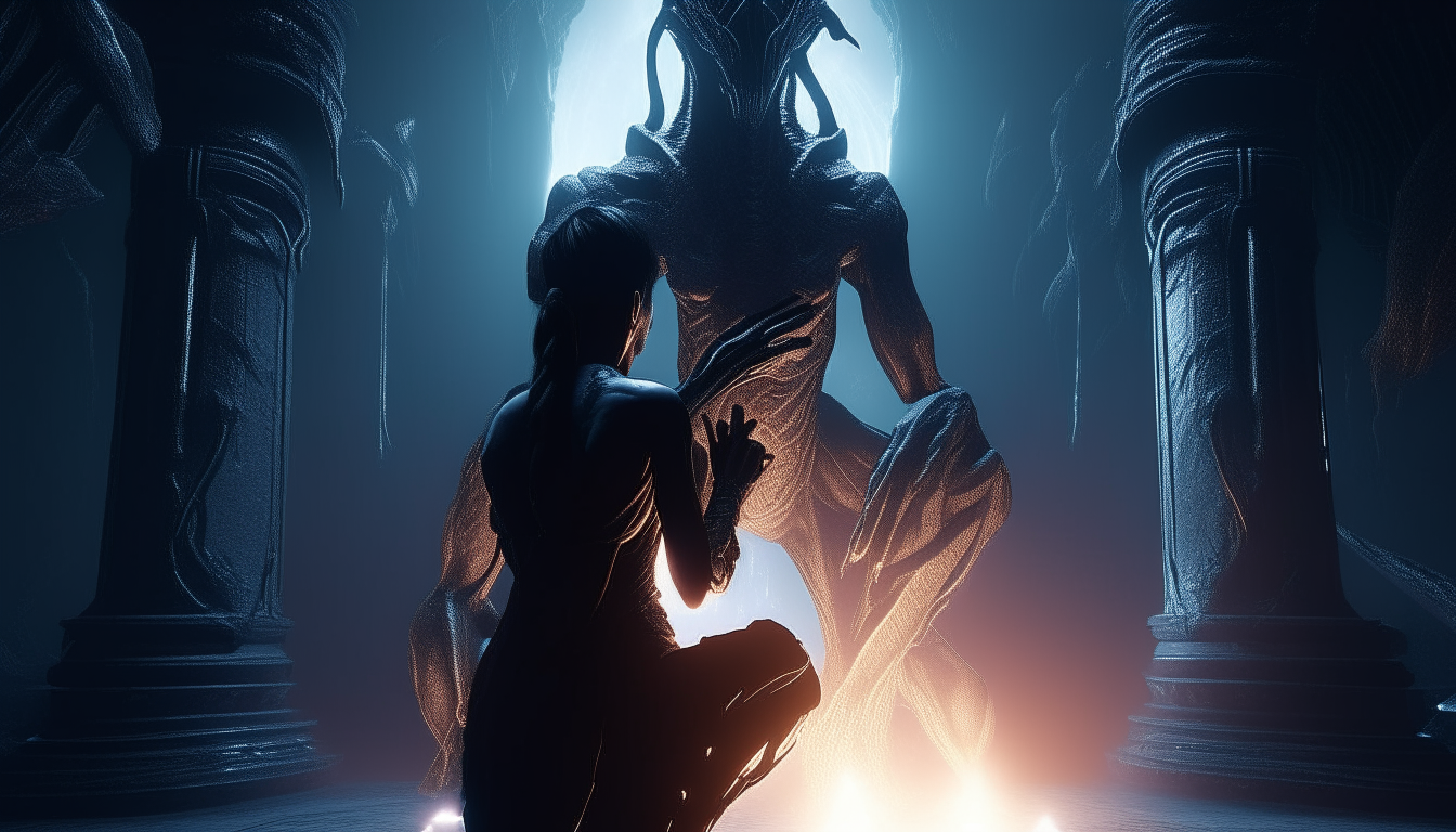 an alien goddess kneeling and praying infront of a giant statue of an alien god with pulses of electric plasma from his eyes, inside a dark alien temple chasm of eternity, extremely detailed, cinematic lighting, 16:9 aspect ratio, 4k resolution, dark sci-fi fantasy style