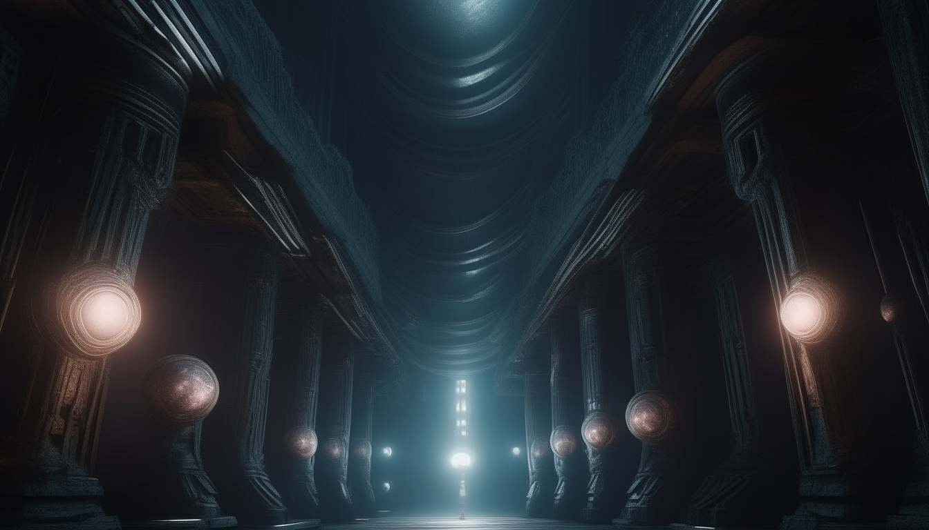inside a huge ancient alien temple in the dark chasm of eternity, with glowing electric power balls floating in the air with open mouths licking at the air, extremely detailed, cinematic lighting, 16:9 aspect ratio, 4k resolution, dark sci-fi fantasy style
