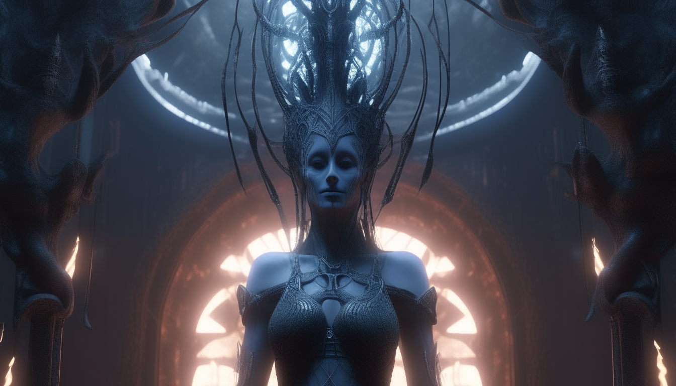 an alien goddess with a crown of electric plasma, with small alien beings crawling out from the living biomechanical walls inside an ancient alien temple in the chasm of dark eternal thoughts, extremely detailed, cinematic lighting, 16:9 aspect ratio, 4k resolution, dark sci-fi fantasy style