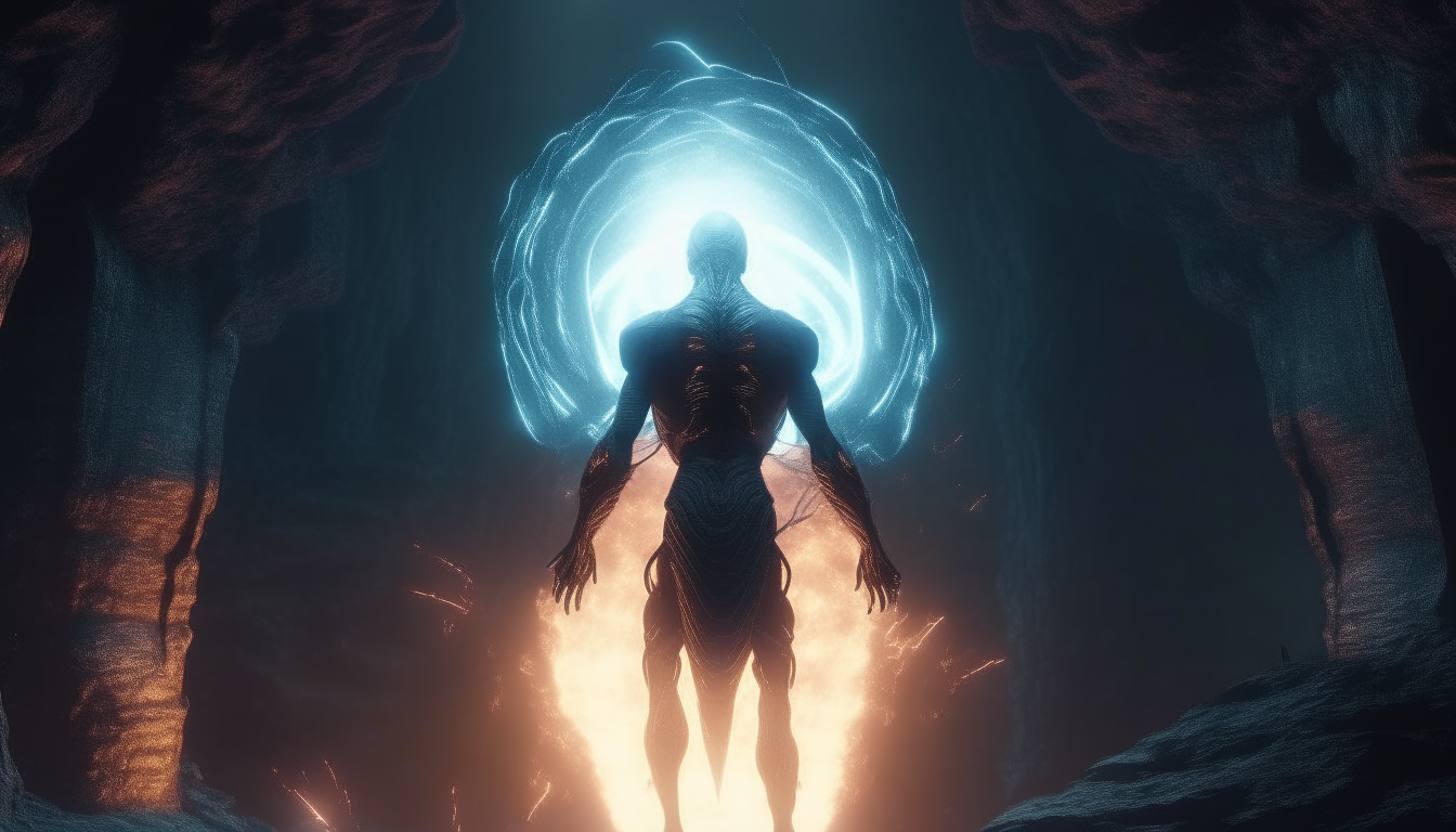 an alien god with an electric plasma crown levitating inside an ancient alien dark chasm of eternity, extremely detailed, cinematic lighting, 16:9 aspect ratio, 4k resolution, dark sci-fi fantasy style