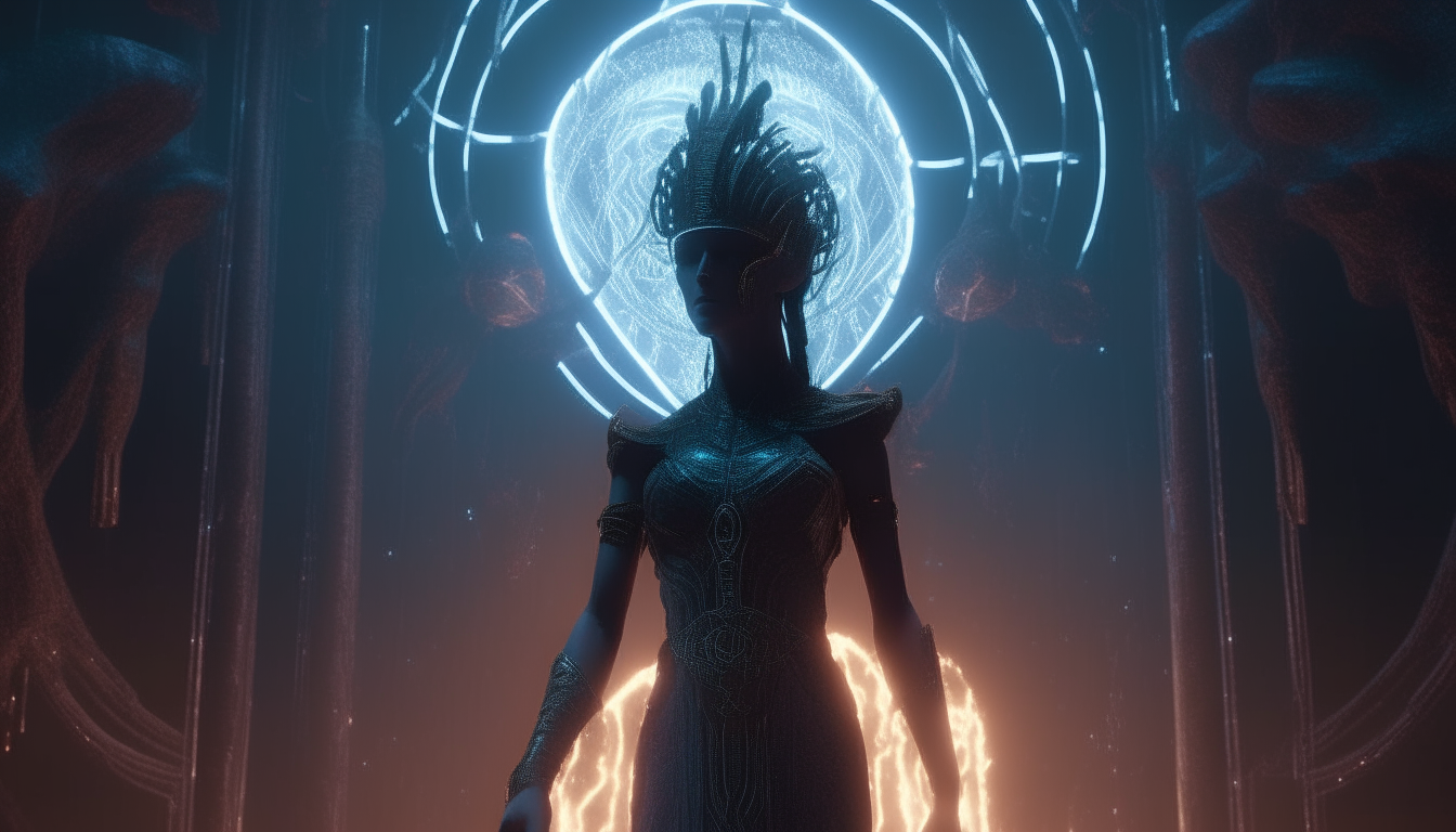 an alien goddess with a living electric plasma crown with bursts of pulsating energy standing inside an ancient alien temple within the chasm of dark eternal mind thoughts with small glowing alien beings at her side, extremely detailed, cinematic lighting, 16:9 aspect ratio, 4k resolution, dark sci-fi fantasy style