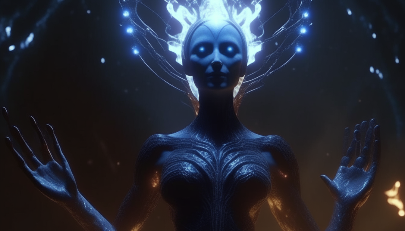 an alien god and goddess with electric plasma crowns pulsating surges of powerful energy around a dark chasm of eternal alien wisdom, extremely detailed, cinematic lighting, 16:9 aspect ratio, 4k resolution, dark sci-fi fantasy style