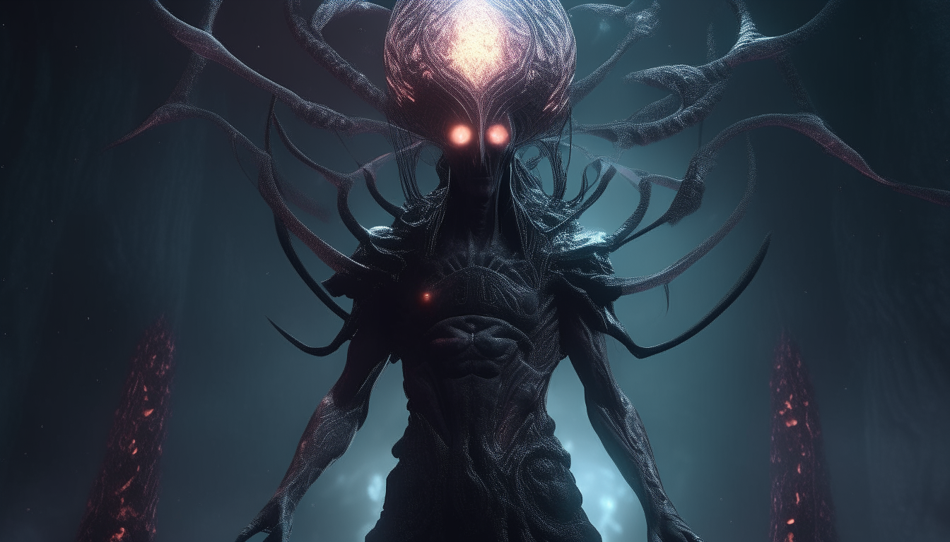 an alien warrior god with a tentacle spike covered crown levitating inside a dark alien chasm, with electric plasma spheres rising from the abyss below him, extremely detailed, cinematic lighting, 16:9 aspect ratio, 4k resolution, dark sci-fi fantasy style