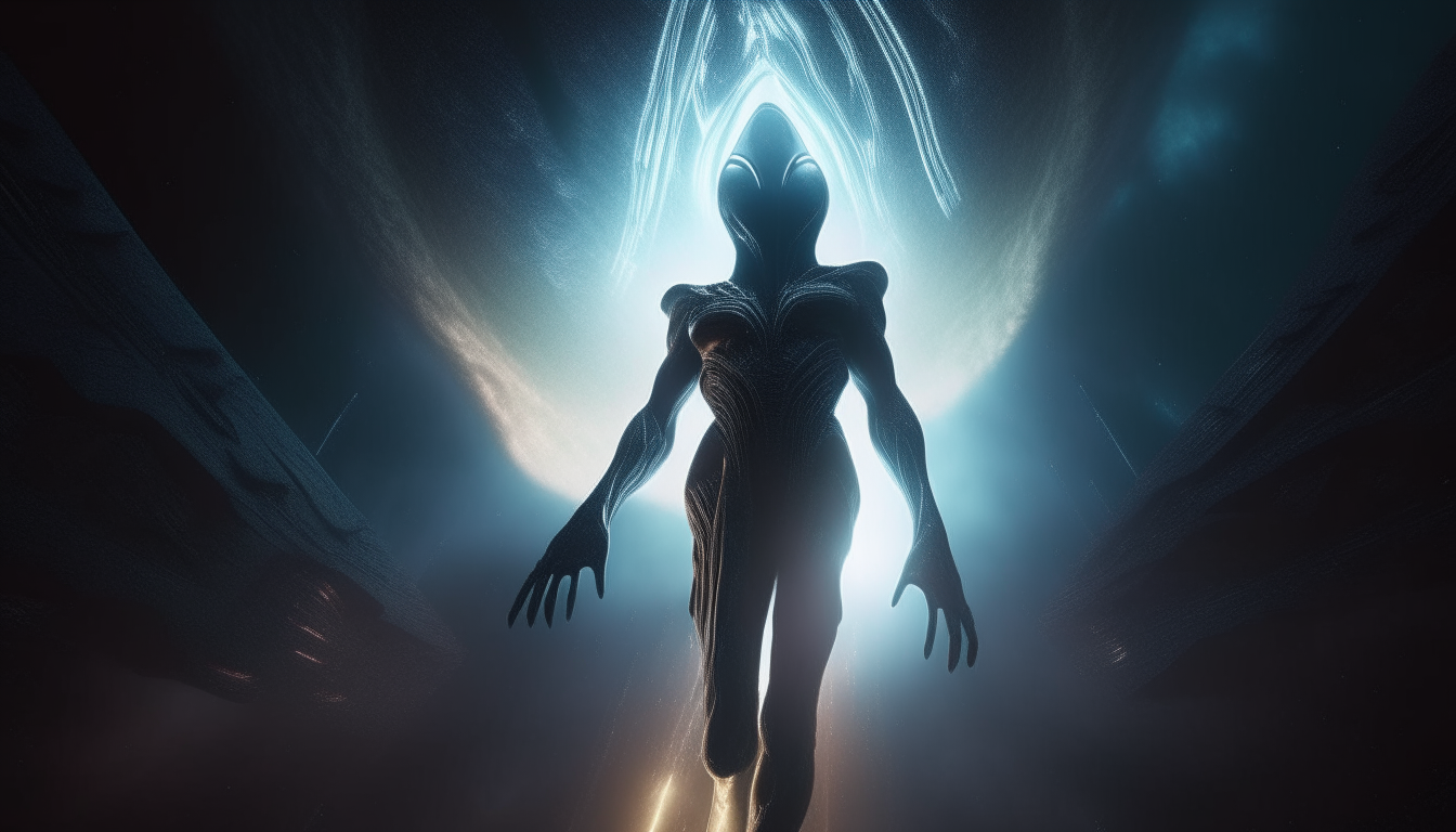 an alien warrior god levitating upwards with the dark chasm of eternity below him and the glorious lights of heaven above him, small alien beings watching in wonder, extremely detailed, cinematic lighting, 16:9 aspect ratio, 4k resolution, dark sci-fi fantasy style