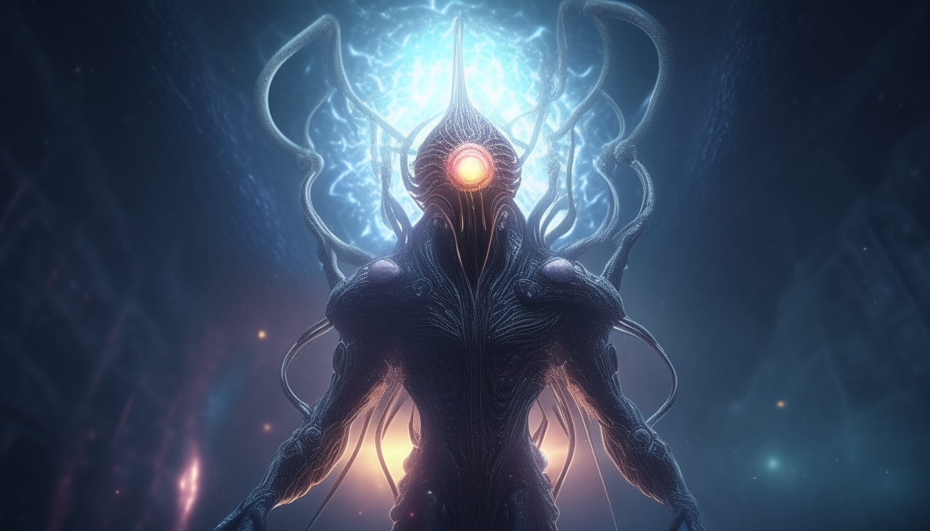 an alien warrior God levitating upwards with his tentacle spiked crown emitting pulsating energy plasma spheres of power, with the dark chasm of eternity below him and the wondrous light from heaven above him, little alien beings watching on in wonder, super intricate details, 4k quality, dark sci-fi fantasy style