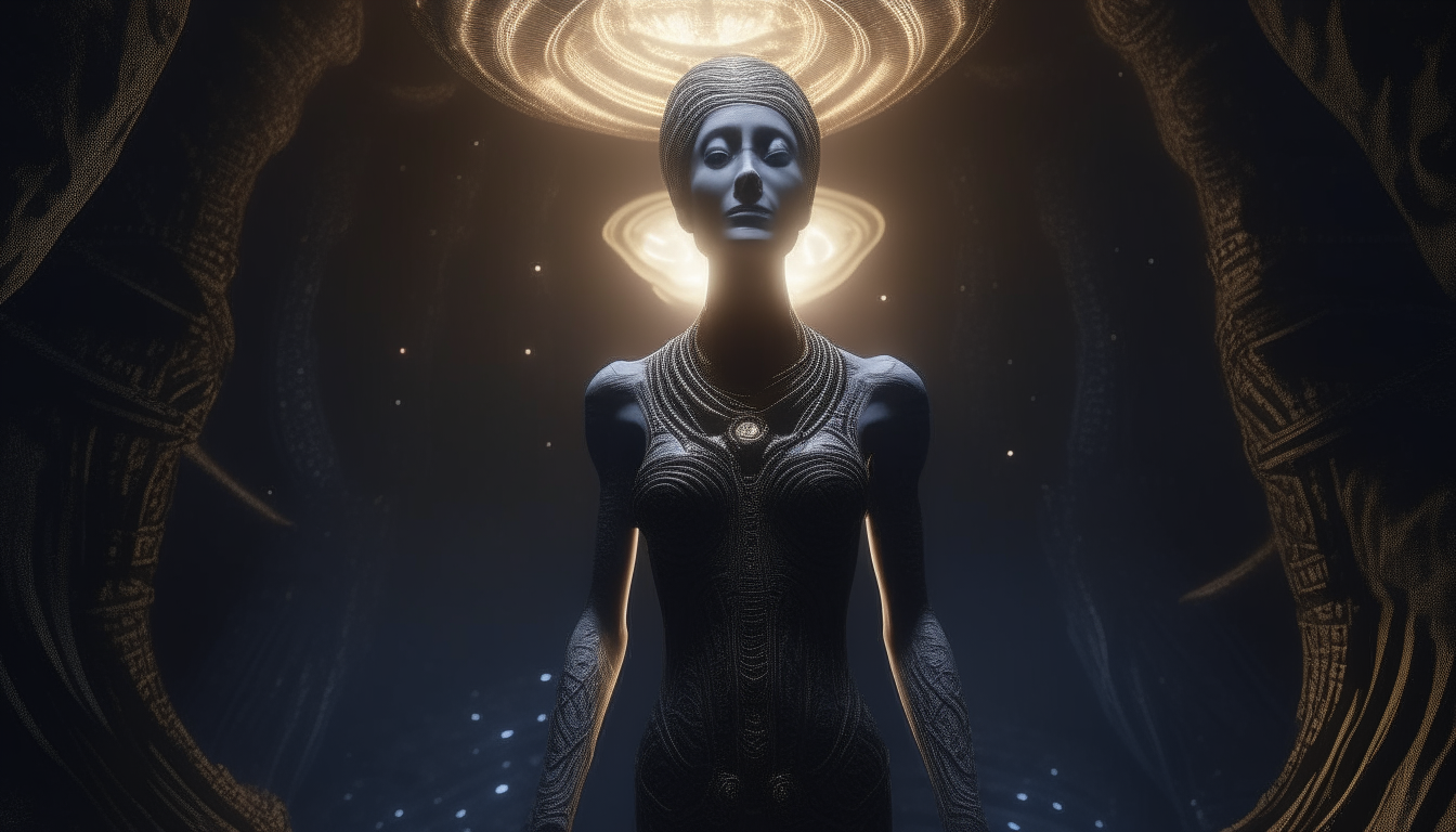 an alien Goddess levitating in the dark chasm of eternity, the dark abyss below her and the heavenly light of the Gods kingdom above her, small alien beings watching on in wonder, super intricate details, 4k quality, dark sci-fi fantasy style
