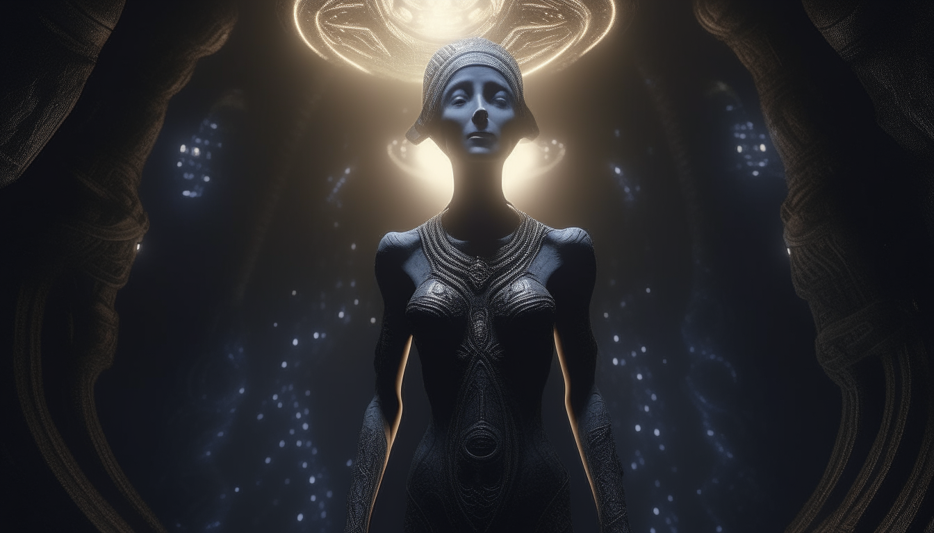 an alien Goddess levitating in the dark chasm of eternity, the dark abyss below her and the heavenly light of the Gods kingdom above her, small alien beings watching on in wonder, super intricate details, 4k quality, dark sci-fi fantasy style