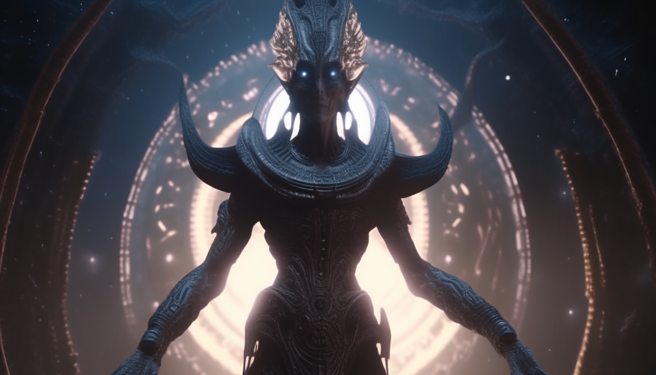 the alien warrior God and Goddess emerging from the dark chasm of eternity into the alien world above, with spheres of light from the heavens, super intricate details, 4k quality, dark sci-fi fantasy style