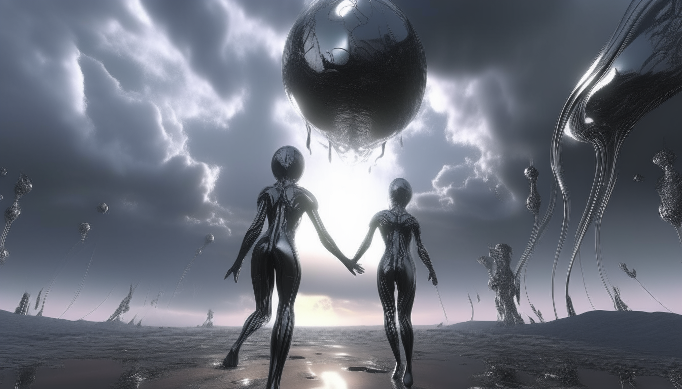 the alien God and Goddess walking together on the surface of an alien landscape with liquid silver chrome spheres hovering in the atmosphere around them, heavenly sky above, super intricate details, 4k quality, dark sci-fi fantasy style