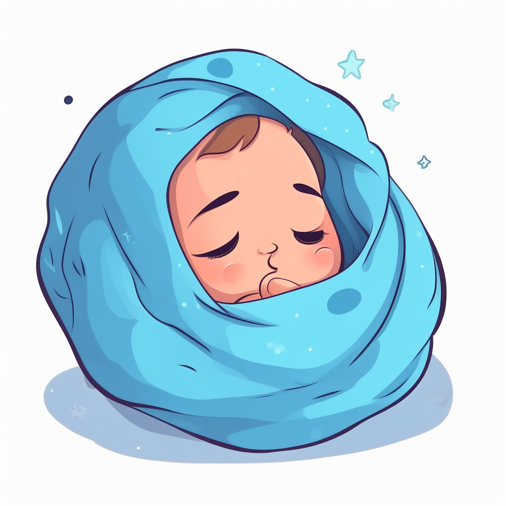 cute cartoon of a sleeping baby wrapped in a blue blanket
