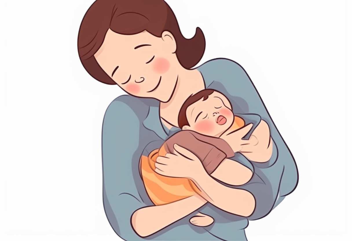 The baby is sleeping in his mother's arms. mother smiles. There is no background. wide view. cartoon.