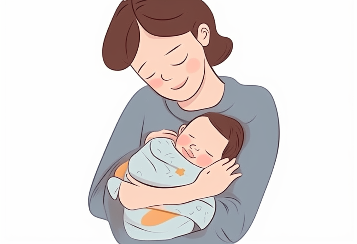 The baby is sleeping in his mother's arms. mother smiles. There is no background. wide view. cartoon.