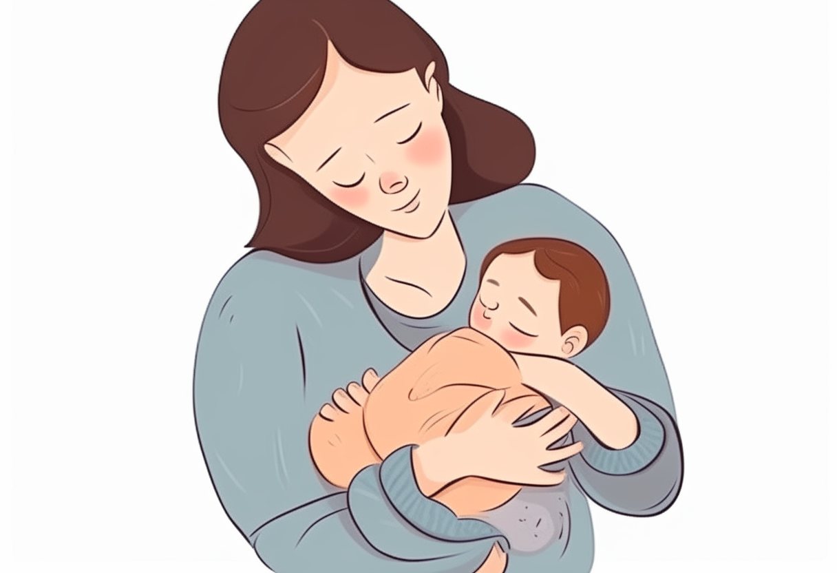 The baby is sleeping in his mother's arms. mother smiles. There is no background. wide view. cartoon.
