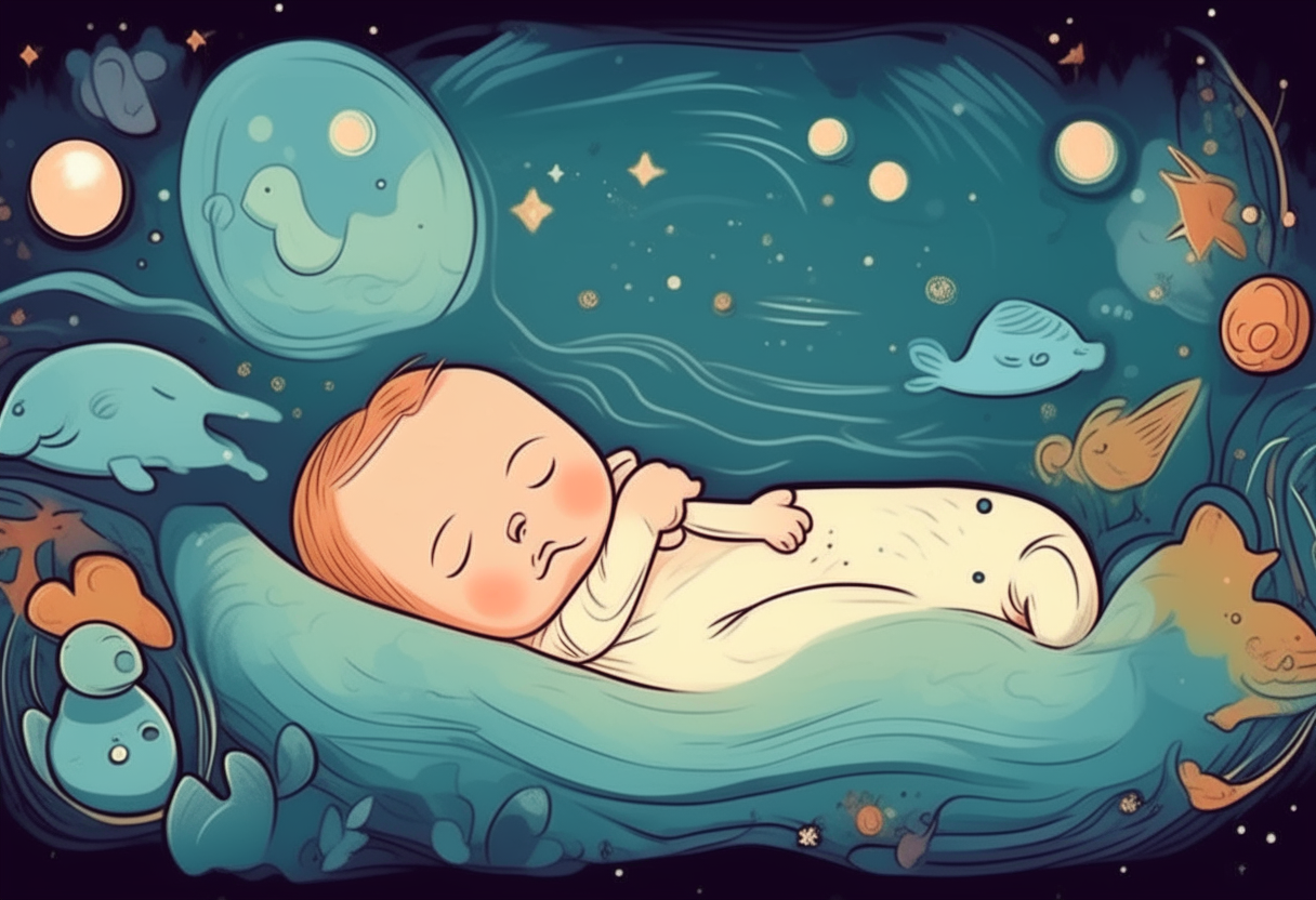 baby is sleeping. background is surreal. cartoon.