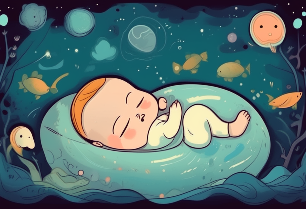 baby is sleeping. background is surreal. cartoon.