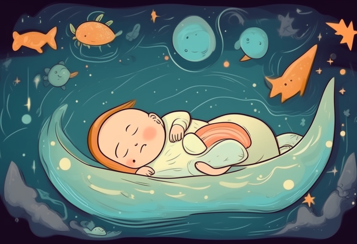 baby is sleeping. background is surreal. cartoon.
