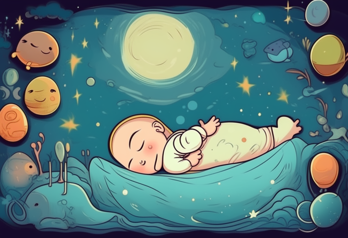 baby is sleeping. background is surreal. cartoon.
