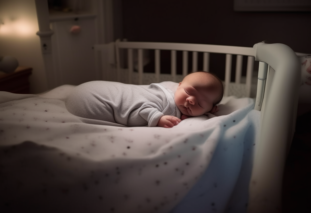 The baby is sleeping in his bed. wide shot.