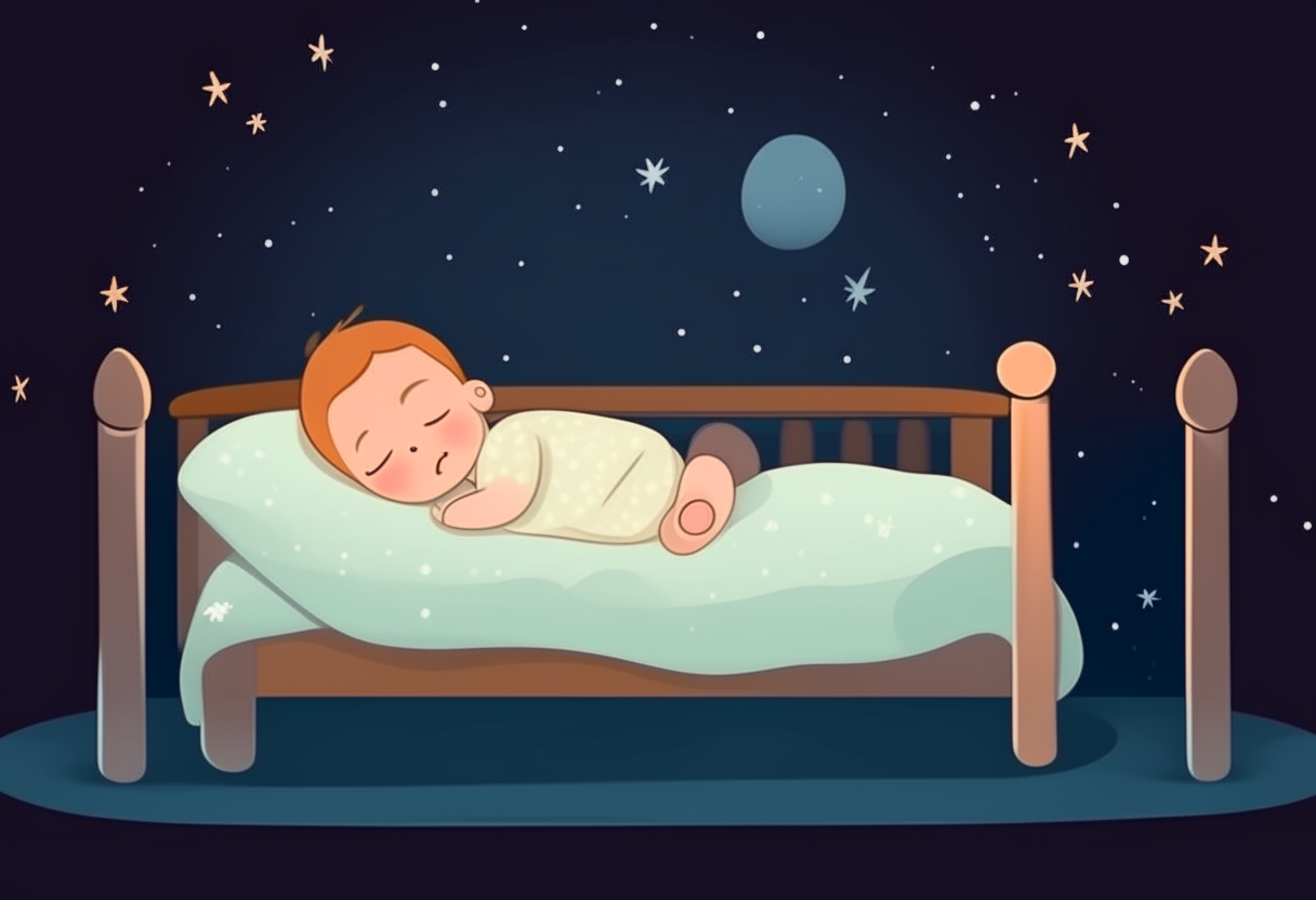 The baby is sleeping in his bed. wide shot. cartoon.