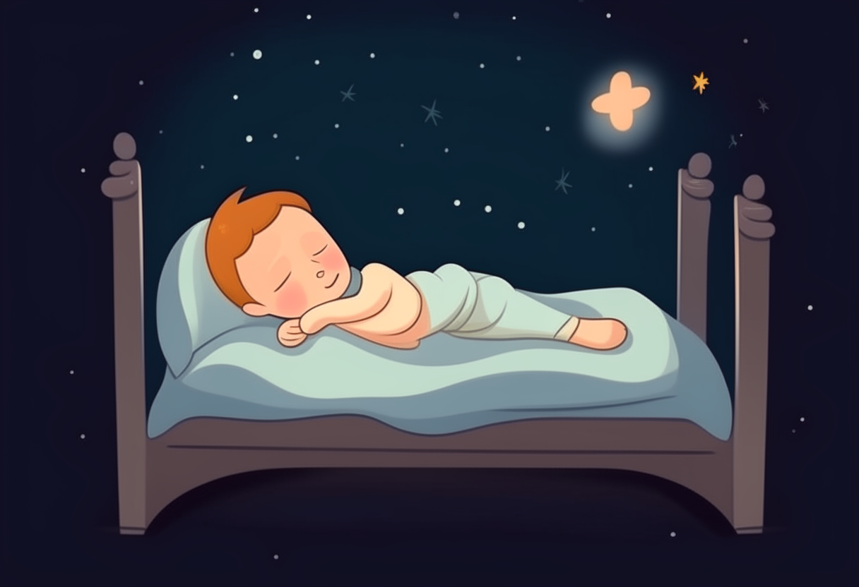 The baby is sleeping in his bed. wide shot. cartoon.