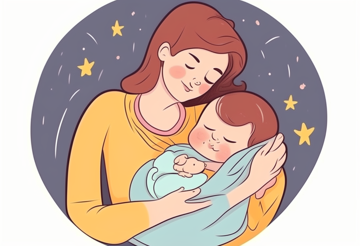 mother and baby. cartoon. baby is sleeping.