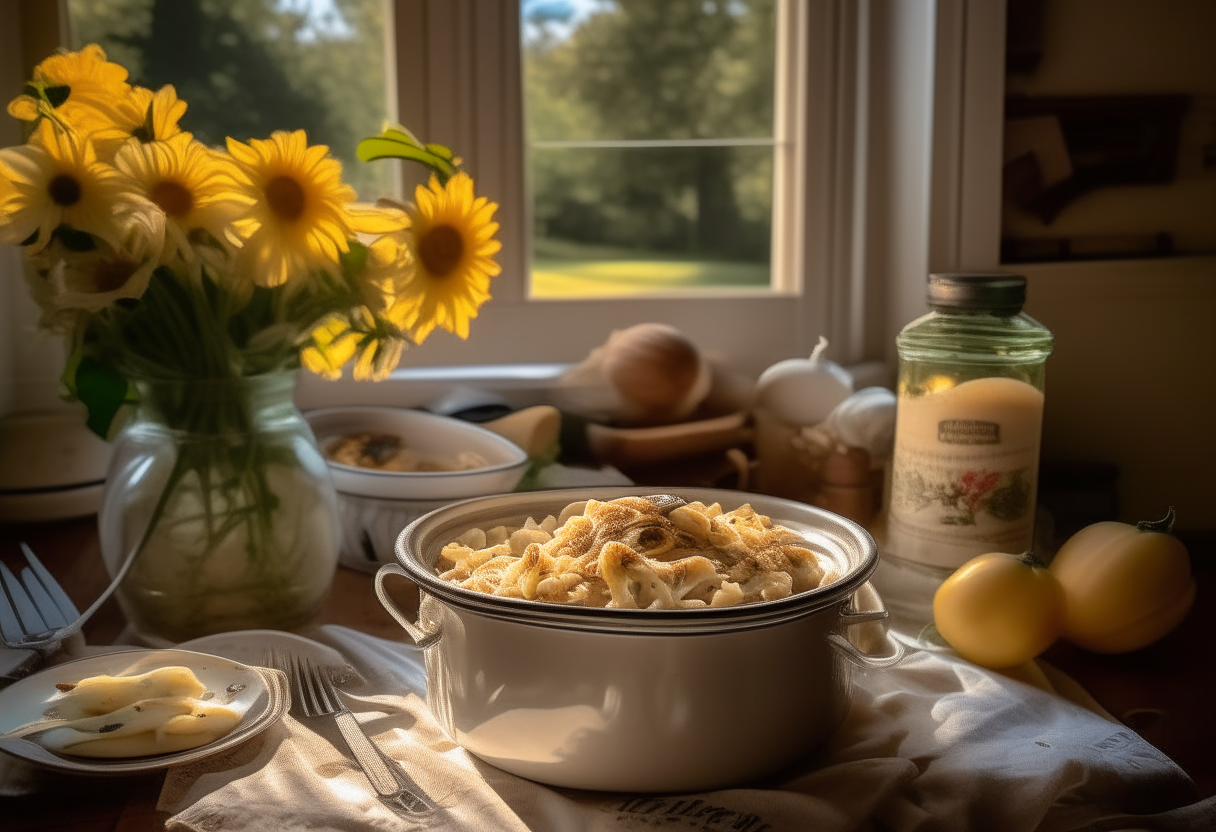 a picturesque American kitchen bathed in warm, golden light with a slow cooker of creamy chicken alfredo fettuccine in the center, surrounded by a checkered tablecloth and sunflowers in a mason jar vase