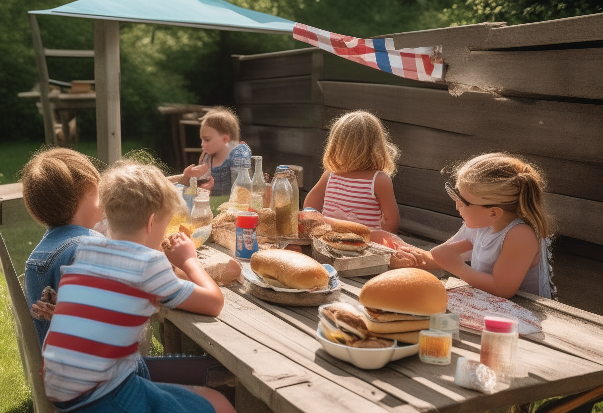 A golden summer barbecue scene with children playing, an American flag, and a pulled chicken sandwich on a rustic table, surrounded by iced tea, napkins, coleslaw, and barbecue sauce