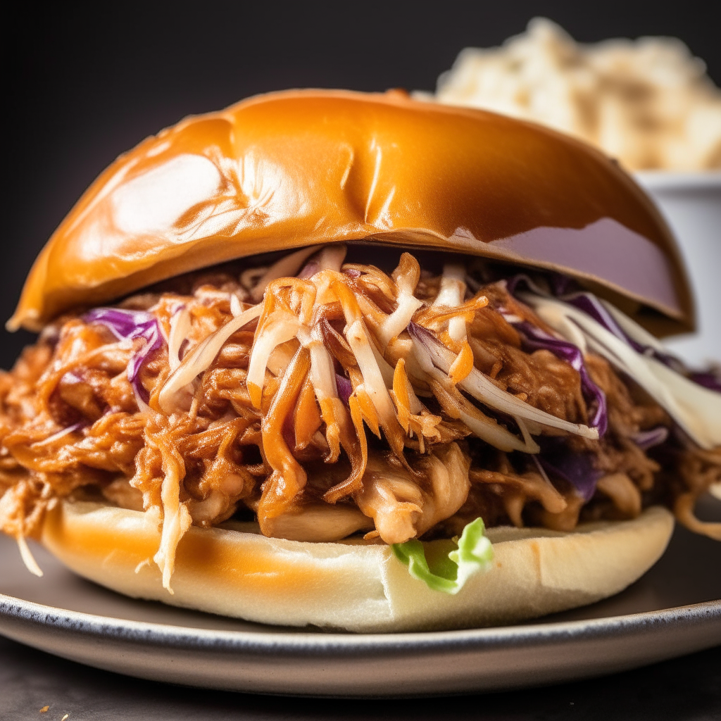 A close up photo of a barbecue pulled chicken sandwich on a plate, with tender smoked chicken, barbecue sauce, and coleslaw on a bun