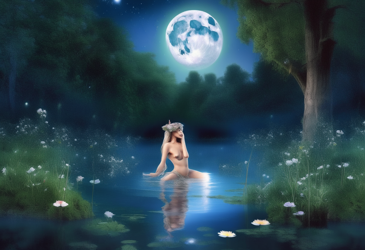 A beautiful nymph relaxing in a crystal clear forest lake under the light of a full moon, surrounded by tall trees and colourful wildflowers, depicted in ultra-high resolution photorealism