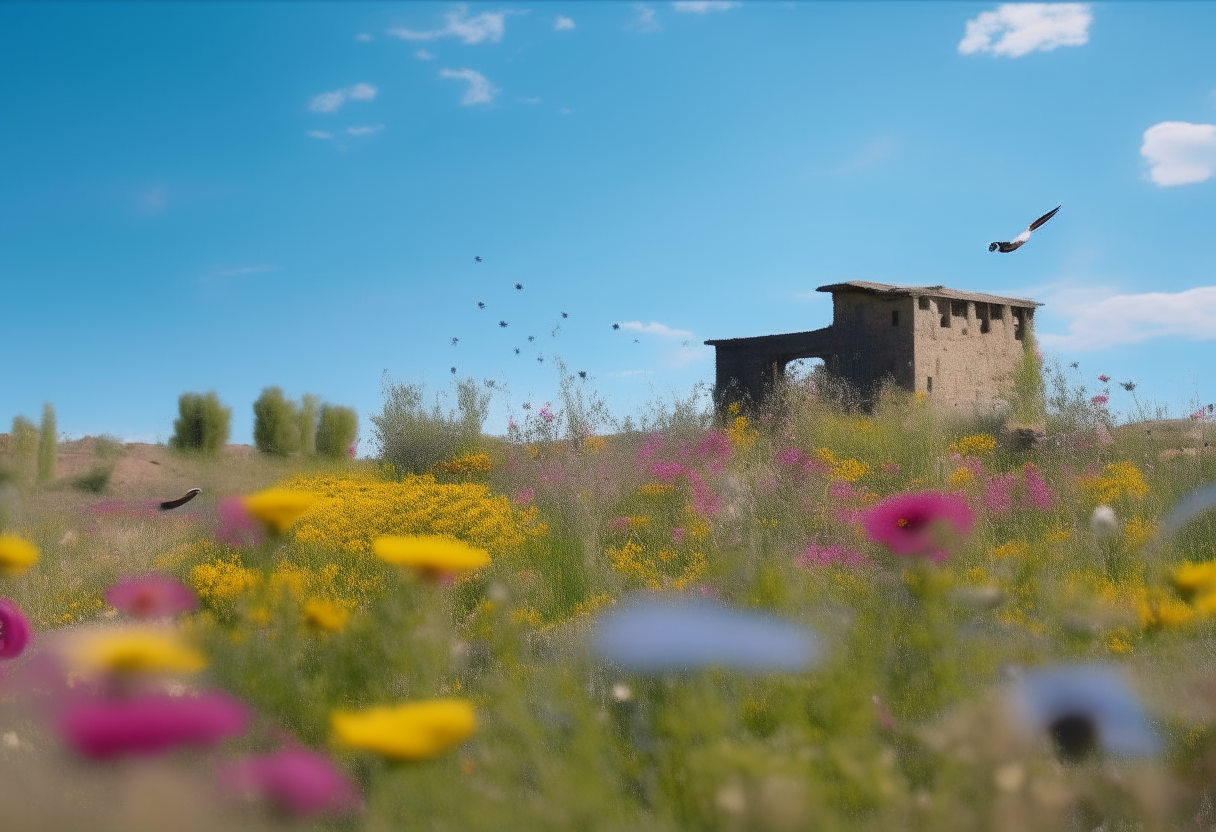 A field of colorful wildflowers blowing gently in the breeze on a sunny day. In the distance, the ruins of a building stand surrounded by new growth, with a single bird taking flight toward the clear blue sky.