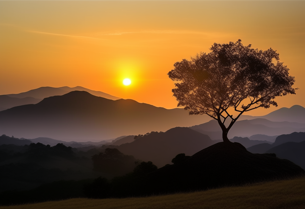 A golden sunrise peeks over a mountain range, silhouetting a lone tree at the peak. In the valley below, a village awakens to a new day of opportunity.