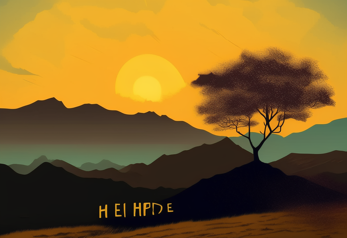 Hope Rises - A poster featuring a golden sunrise over mountains, with a lone tree silhouetted at the peak, in a vintage retro style