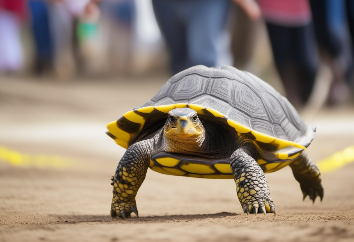 A beautiful turtle gracefully crosses the finish line, breaking the winning ribbon