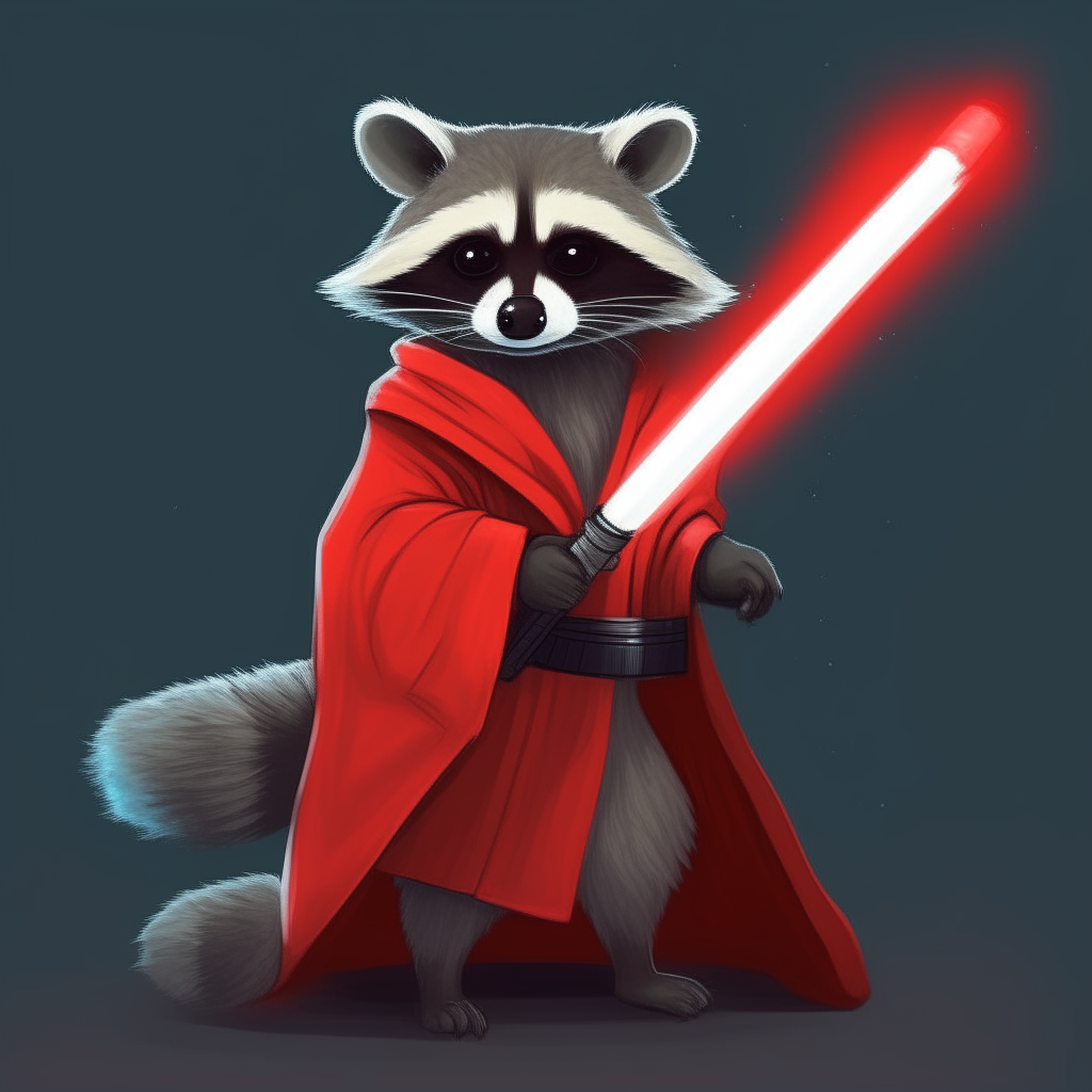a raccoon wearing a Jedi robe and holding a red lightsaber